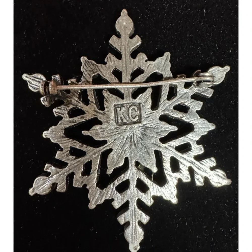 Vintage Snowflake Brooch Silver Tone Blue Rhinestone Enamel Winter Pin Marked KC